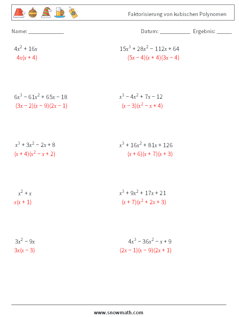 Faktorisierung von kubischen Polynomen Mathe-Arbeitsblätter 8 Frage, Antwort