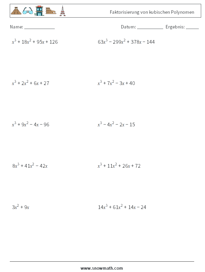 Faktorisierung von kubischen Polynomen Mathe-Arbeitsblätter 9