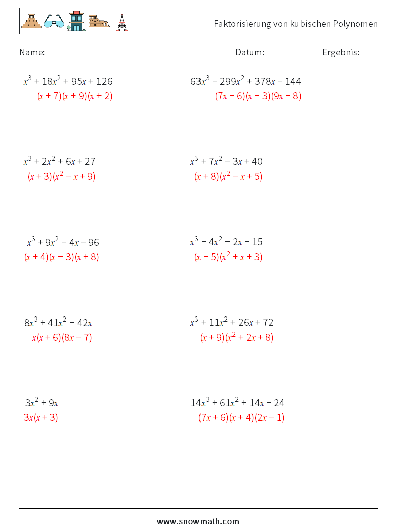 Faktorisierung von kubischen Polynomen Mathe-Arbeitsblätter 9 Frage, Antwort