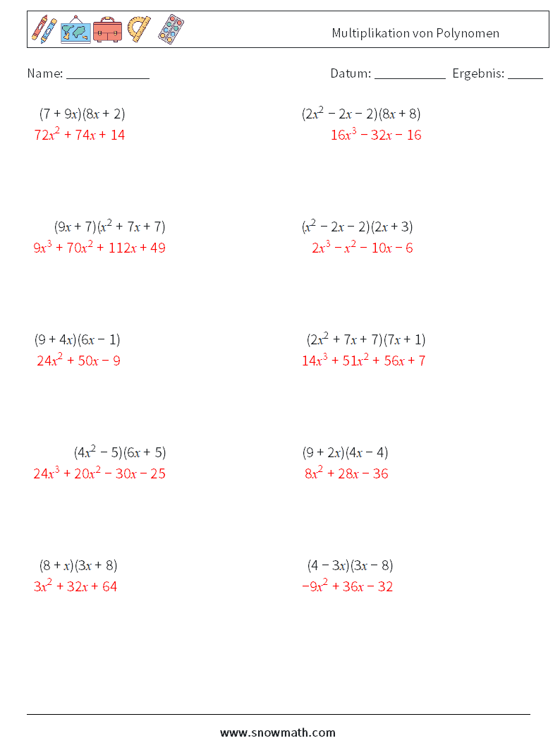 Multiplikation von Polynomen Mathe-Arbeitsblätter 1 Frage, Antwort