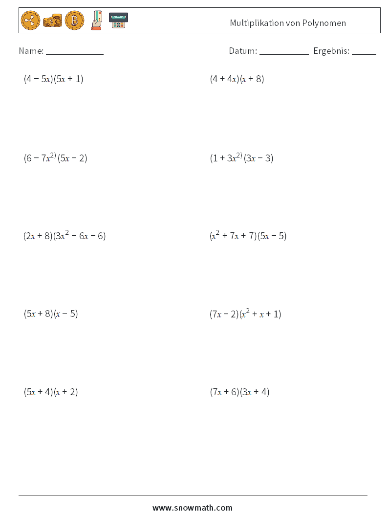 Multiplikation von Polynomen Mathe-Arbeitsblätter 2