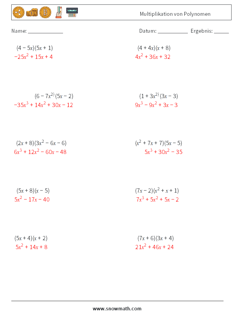 Multiplikation von Polynomen Mathe-Arbeitsblätter 2 Frage, Antwort