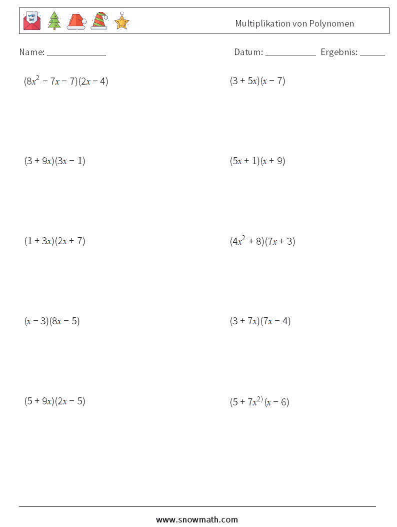 Multiplikation von Polynomen Mathe-Arbeitsblätter 3