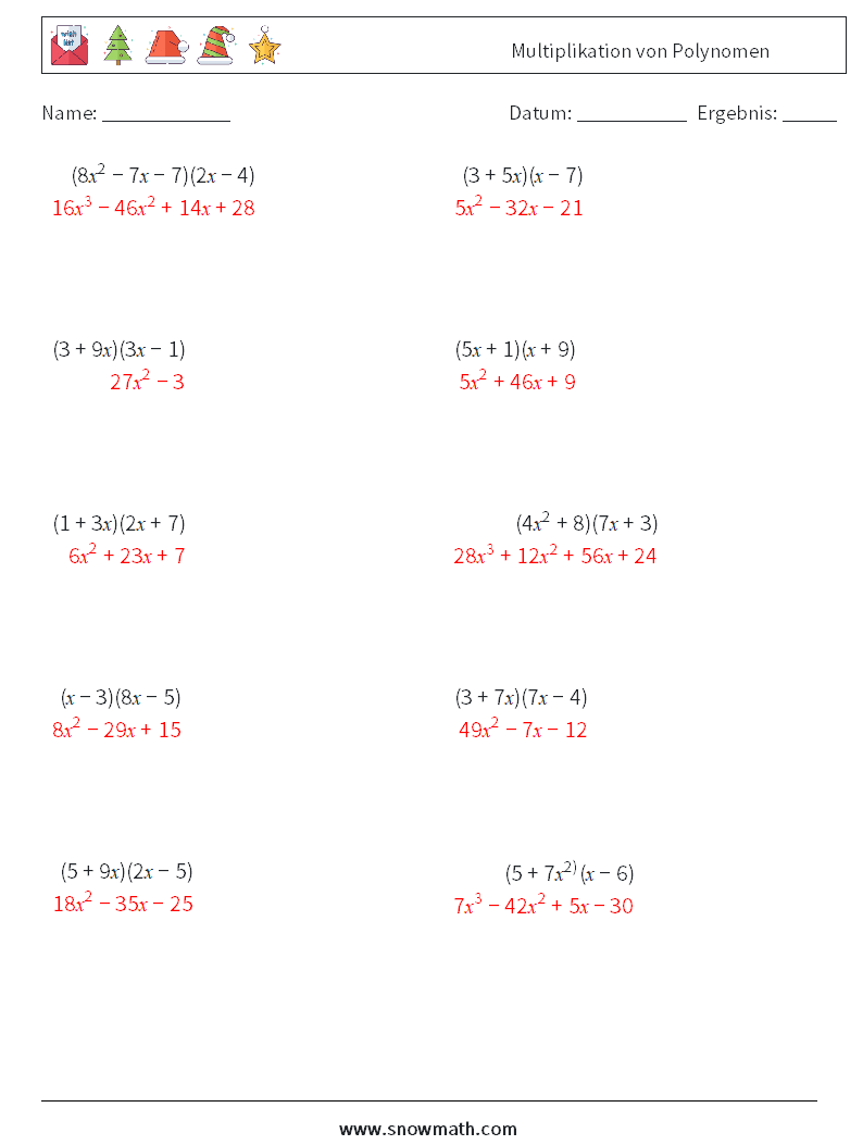 Multiplikation von Polynomen Mathe-Arbeitsblätter 3 Frage, Antwort