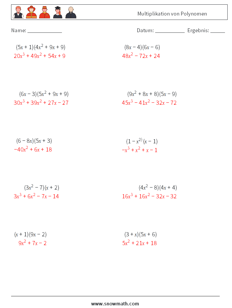 Multiplikation von Polynomen Mathe-Arbeitsblätter 4 Frage, Antwort