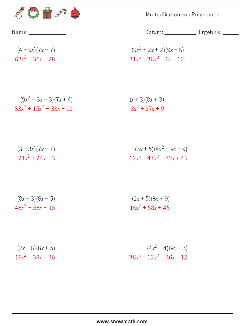 Multiplikation von Polynomen Mathe-Arbeitsblätter 5 Frage, Antwort