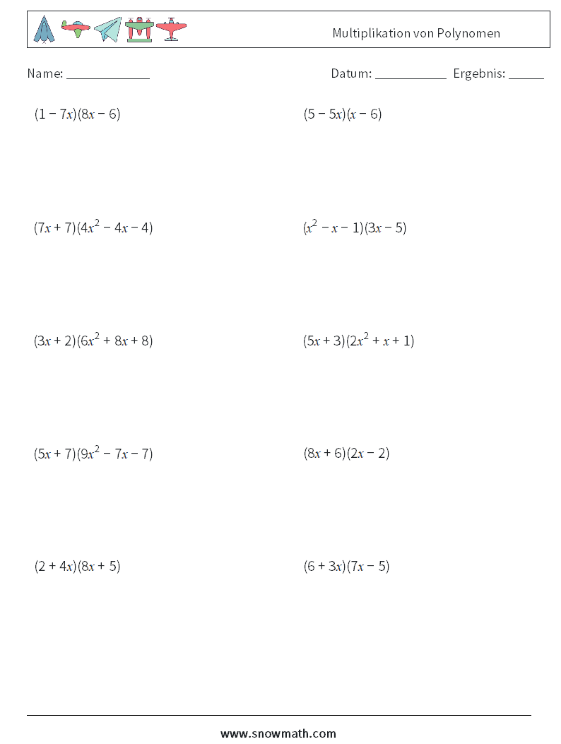 Multiplikation von Polynomen Mathe-Arbeitsblätter 6