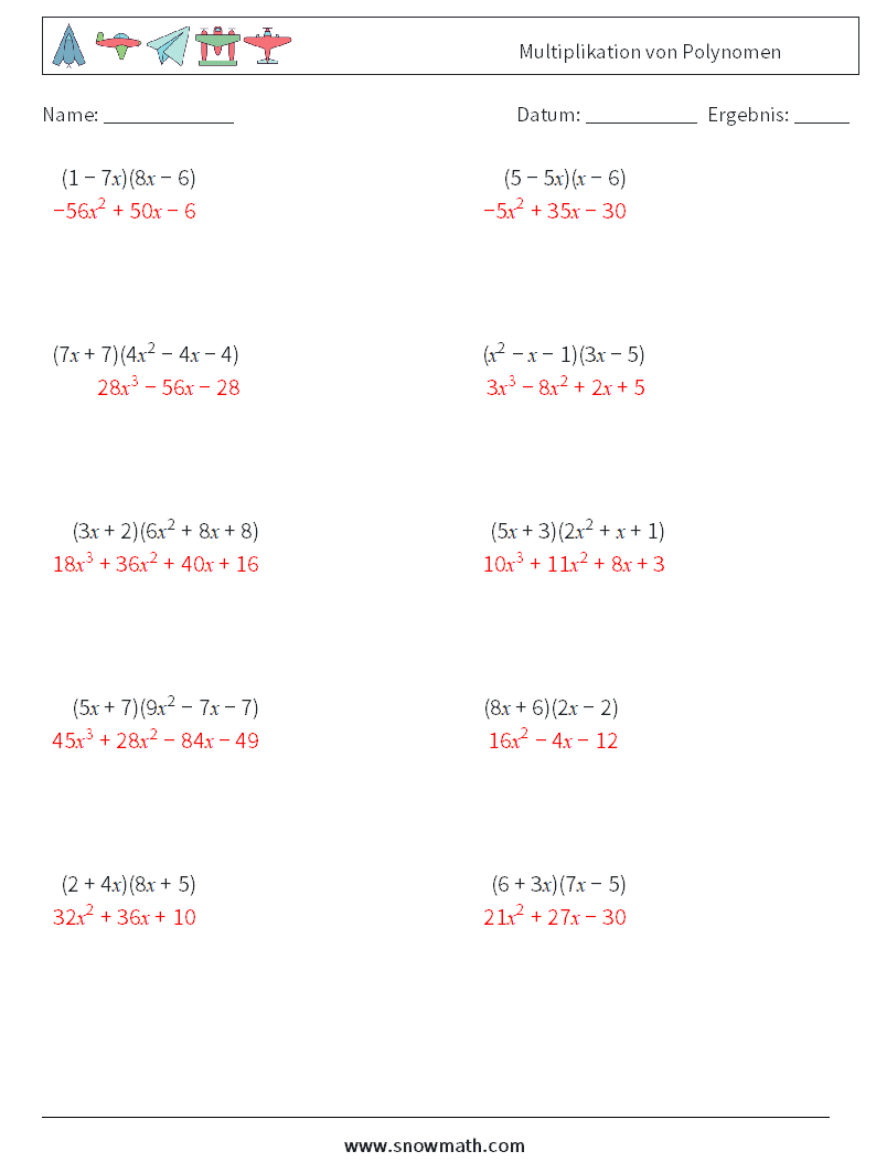 Multiplikation von Polynomen Mathe-Arbeitsblätter 6 Frage, Antwort