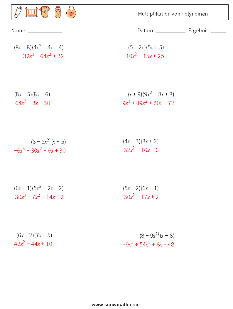 Multiplikation von Polynomen Mathe-Arbeitsblätter 7 Frage, Antwort