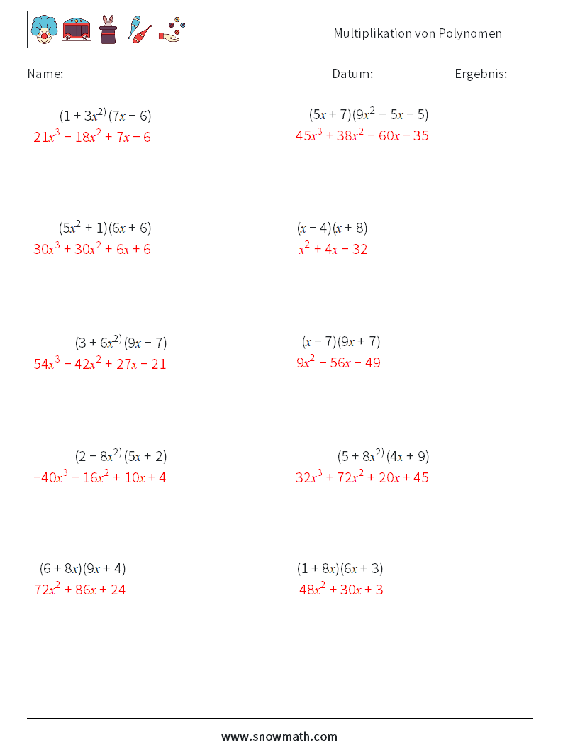 Multiplikation von Polynomen Mathe-Arbeitsblätter 8 Frage, Antwort