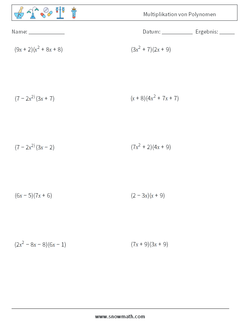 Multiplikation von Polynomen Mathe-Arbeitsblätter 9