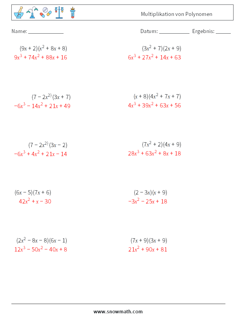 Multiplikation von Polynomen Mathe-Arbeitsblätter 9 Frage, Antwort