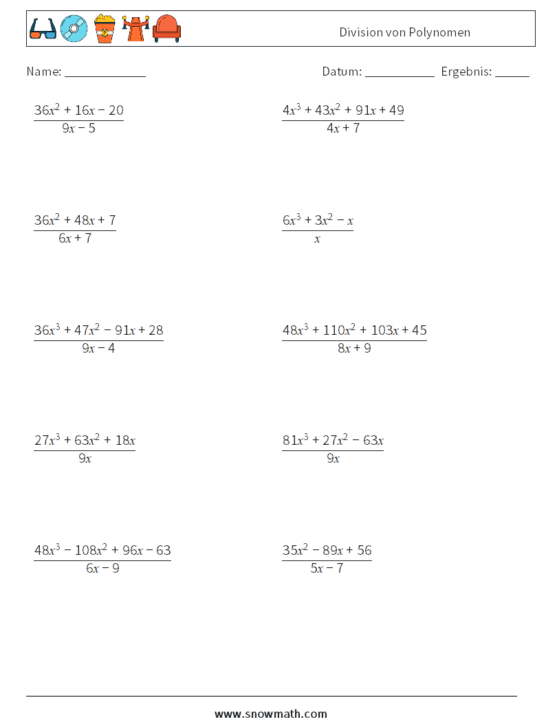 Division von Polynomen Mathe-Arbeitsblätter 1