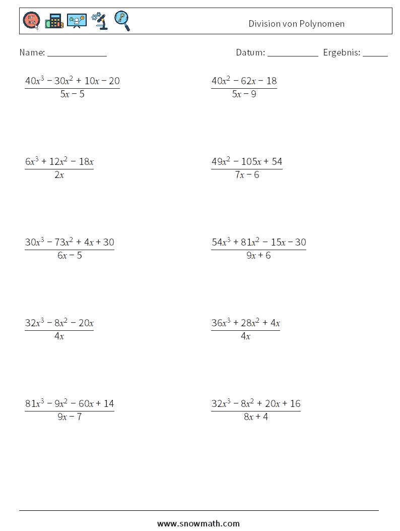 Division von Polynomen Mathe-Arbeitsblätter 5