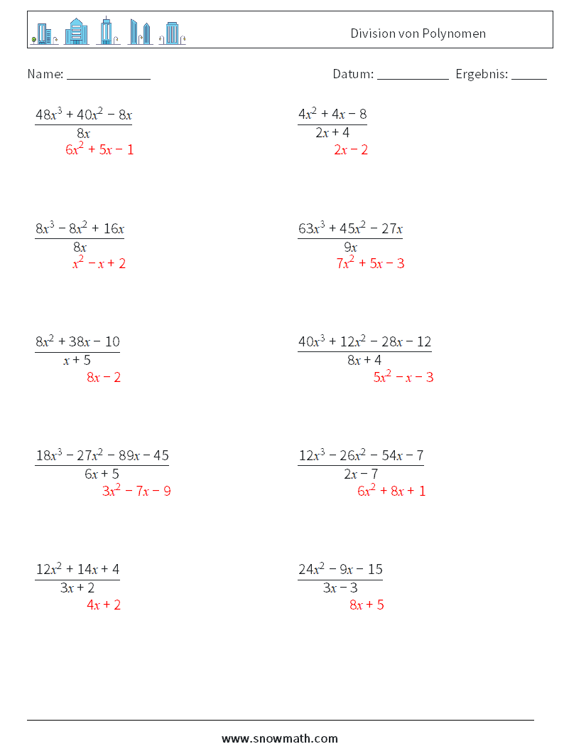 Division von Polynomen Mathe-Arbeitsblätter 7 Frage, Antwort