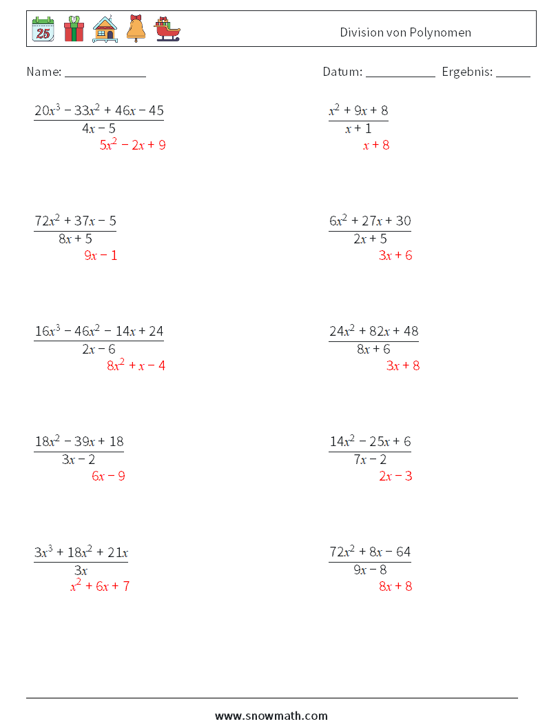 Division von Polynomen Mathe-Arbeitsblätter 9 Frage, Antwort