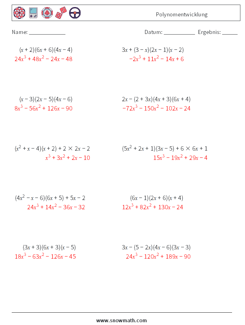 Polynomentwicklung Mathe-Arbeitsblätter 3 Frage, Antwort