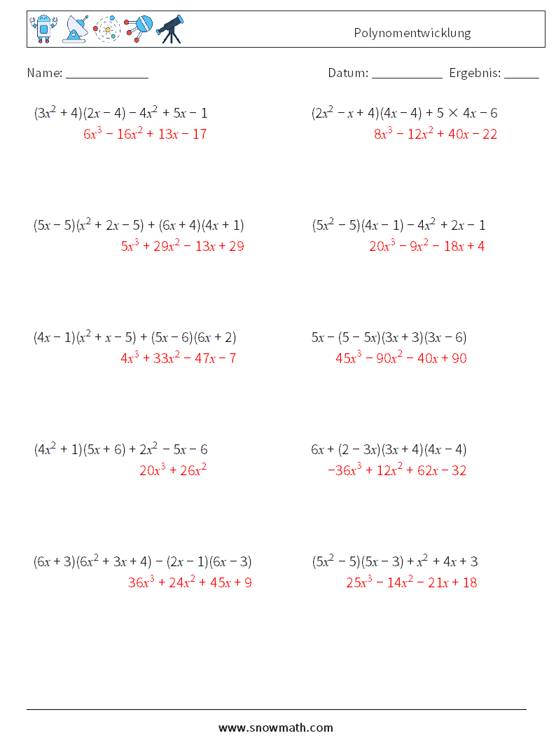 Polynomentwicklung Mathe-Arbeitsblätter 9 Frage, Antwort