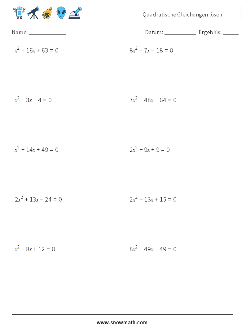 Quadratische Gleichungen lösen Mathe-Arbeitsblätter 1