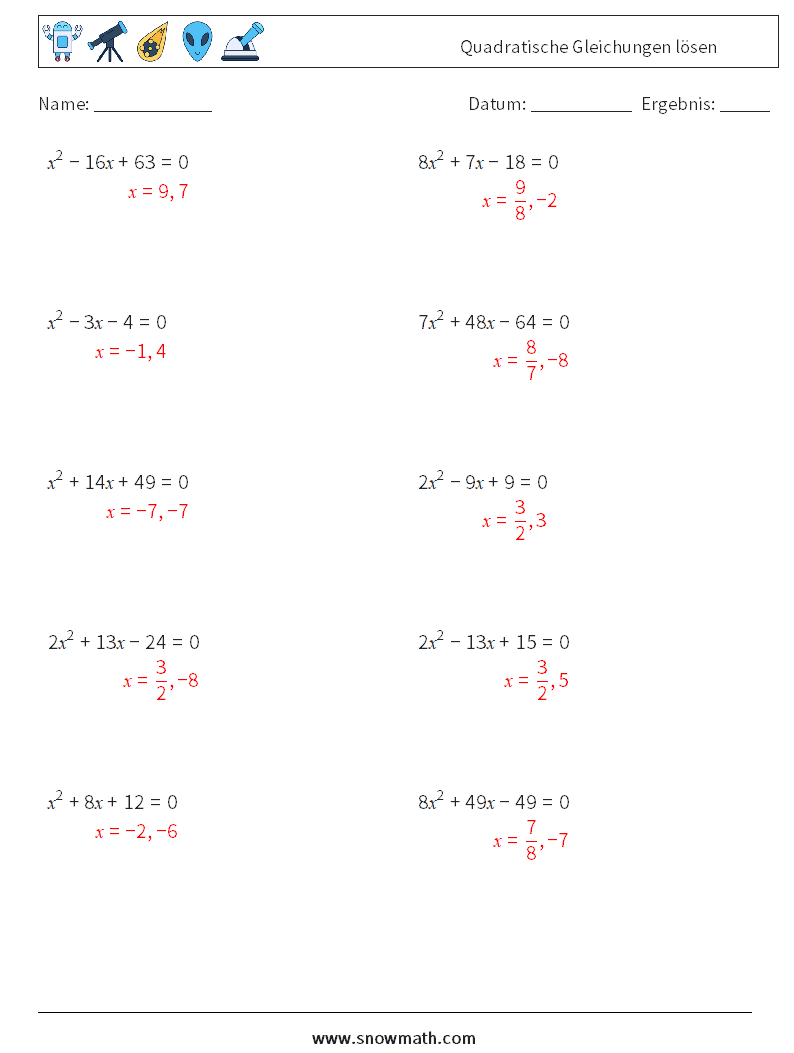 Quadratische Gleichungen lösen Mathe-Arbeitsblätter 1 Frage, Antwort