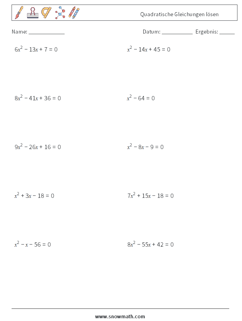 Quadratische Gleichungen lösen Mathe-Arbeitsblätter 9