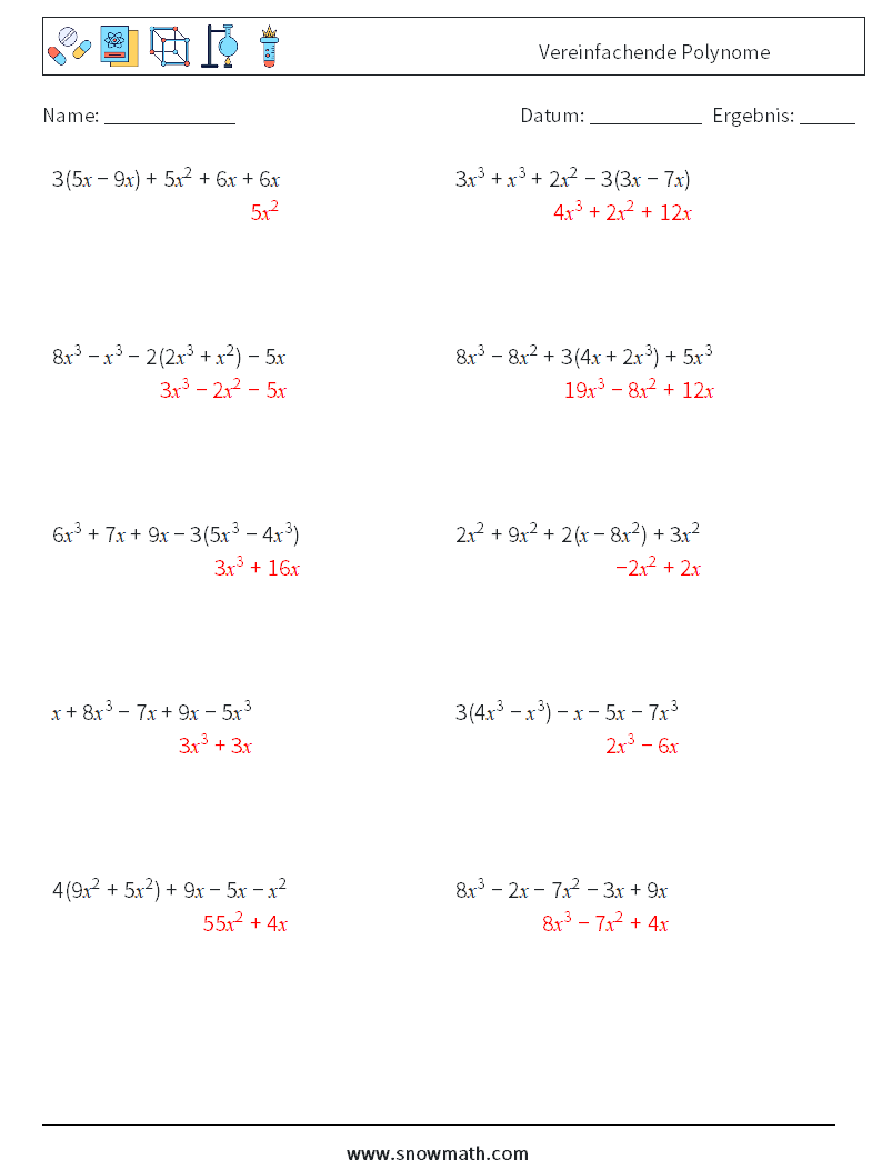 Vereinfachende Polynome Mathe-Arbeitsblätter 1 Frage, Antwort