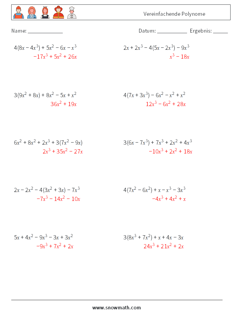 Vereinfachende Polynome Mathe-Arbeitsblätter 2 Frage, Antwort