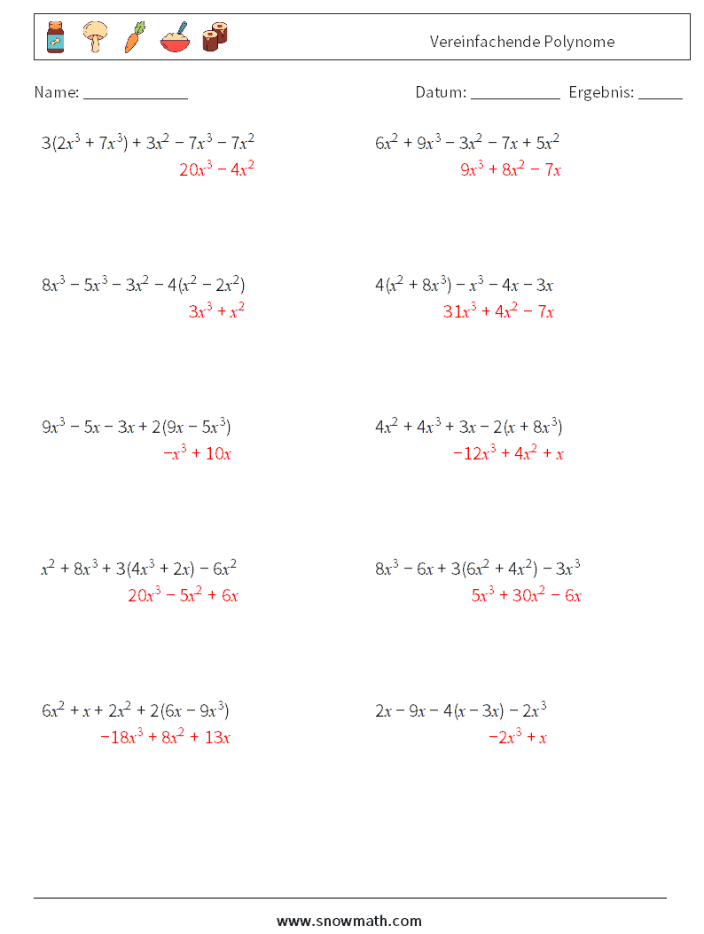 Vereinfachende Polynome Mathe-Arbeitsblätter 3 Frage, Antwort
