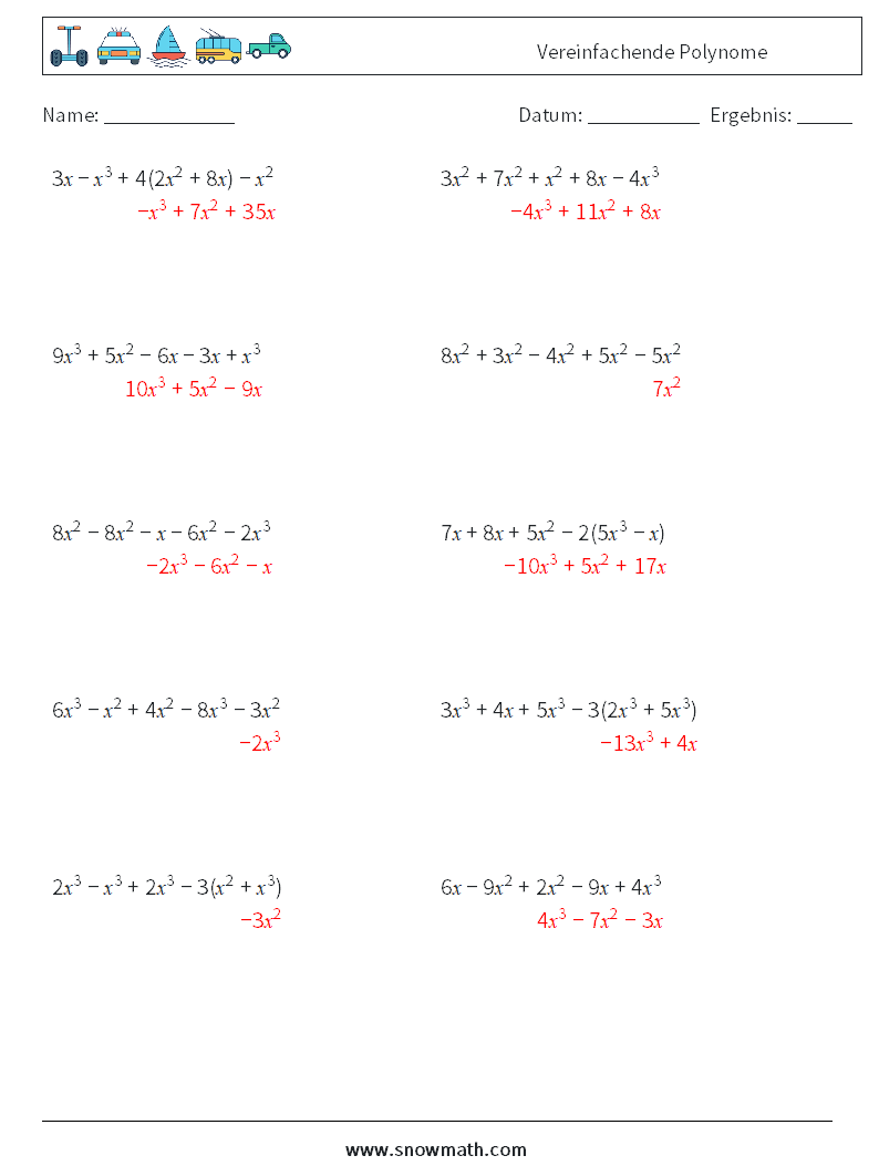 Vereinfachende Polynome Mathe-Arbeitsblätter 4 Frage, Antwort