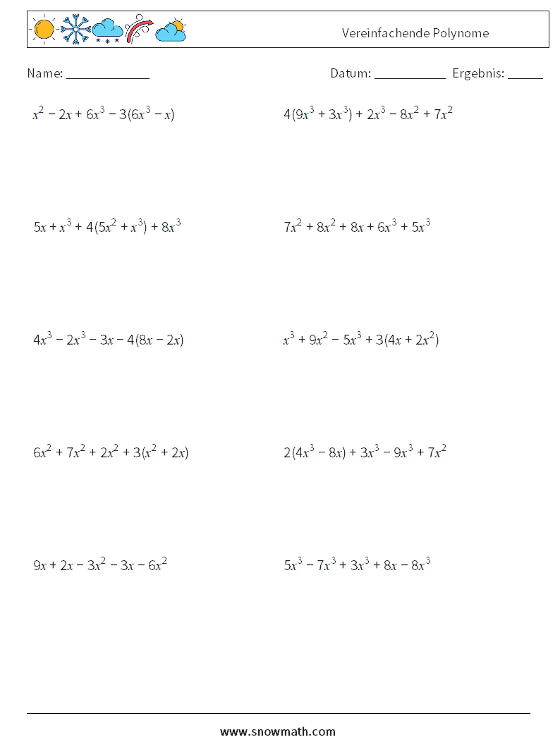 Vereinfachende Polynome Mathe-Arbeitsblätter 5