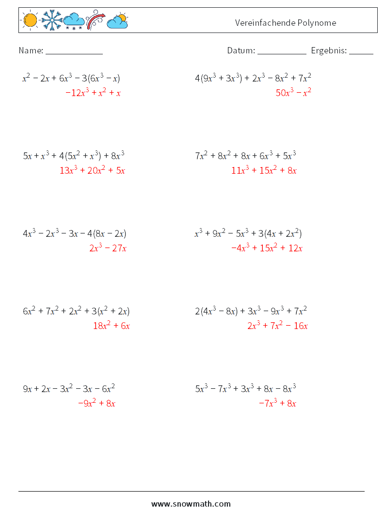 Vereinfachende Polynome Mathe-Arbeitsblätter 5 Frage, Antwort