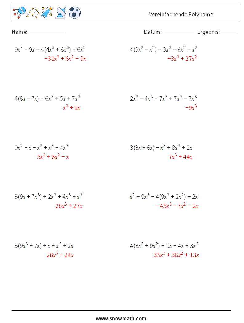 Vereinfachende Polynome Mathe-Arbeitsblätter 6 Frage, Antwort