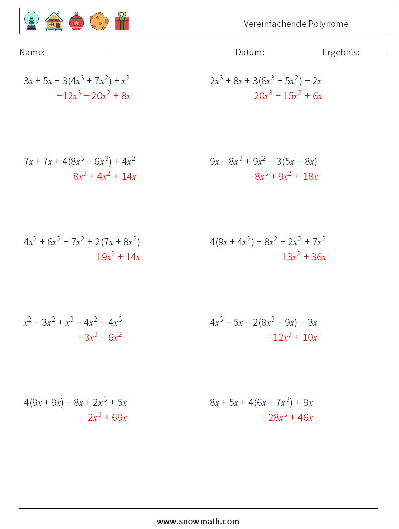 Vereinfachende Polynome Mathe-Arbeitsblätter 7 Frage, Antwort