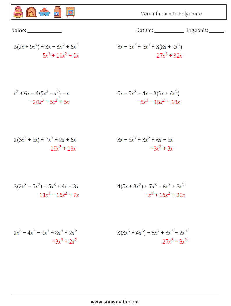 Vereinfachende Polynome Mathe-Arbeitsblätter 8 Frage, Antwort