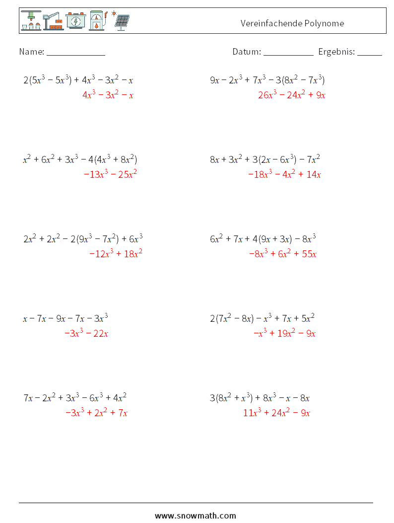 Vereinfachende Polynome Mathe-Arbeitsblätter 9 Frage, Antwort
