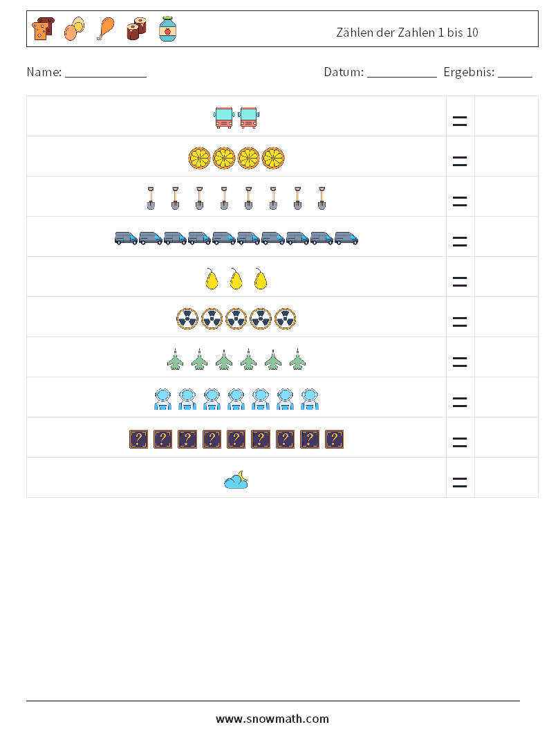 Zählen der Zahlen 1 bis 10 Mathe-Arbeitsblätter 1