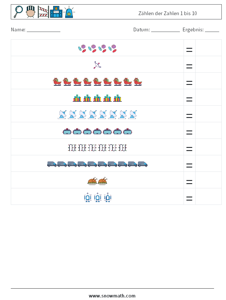 Zählen der Zahlen 1 bis 10 Mathe-Arbeitsblätter 10