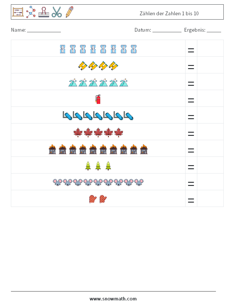 Zählen der Zahlen 1 bis 10 Mathe-Arbeitsblätter 11