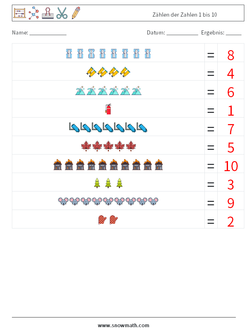 Zählen der Zahlen 1 bis 10 Mathe-Arbeitsblätter 11 Frage, Antwort