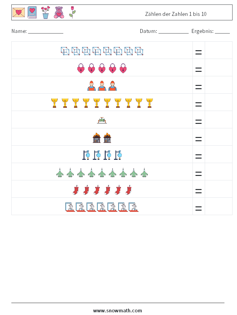 Zählen der Zahlen 1 bis 10 Mathe-Arbeitsblätter 12