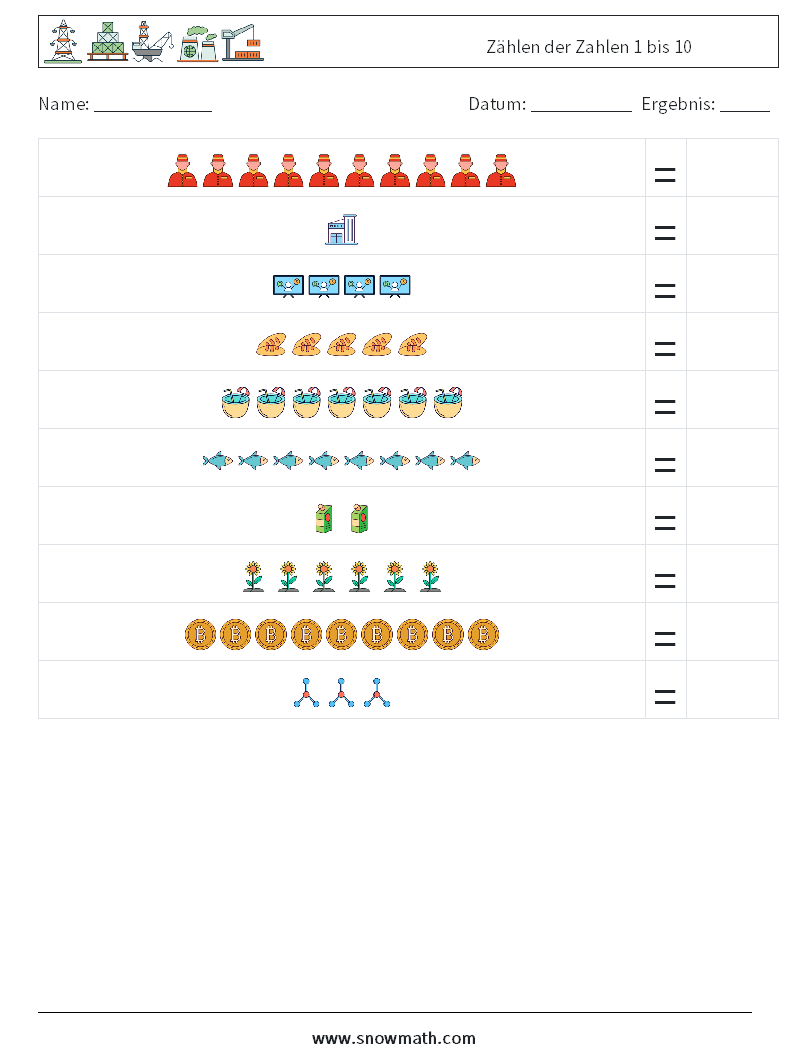 Zählen der Zahlen 1 bis 10 Mathe-Arbeitsblätter 13
