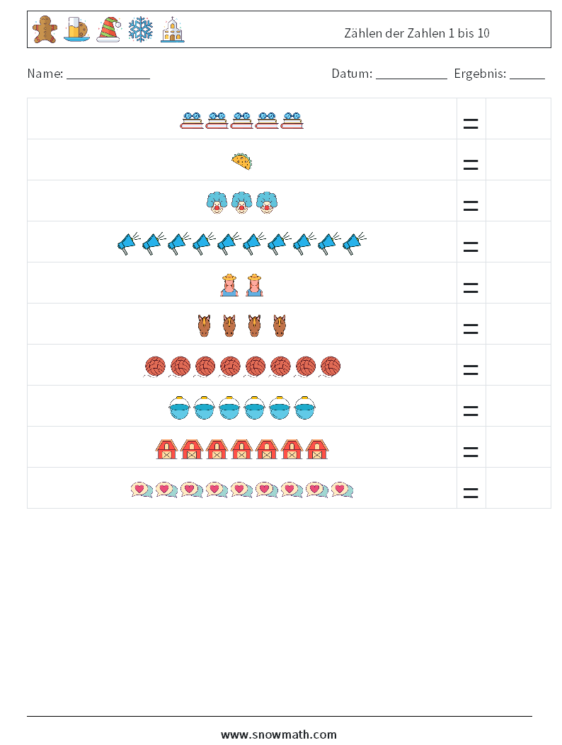 Zählen der Zahlen 1 bis 10 Mathe-Arbeitsblätter 14