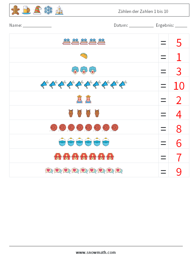 Zählen der Zahlen 1 bis 10 Mathe-Arbeitsblätter 14 Frage, Antwort