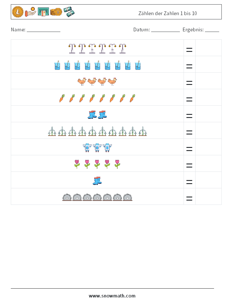 Zählen der Zahlen 1 bis 10 Mathe-Arbeitsblätter 15