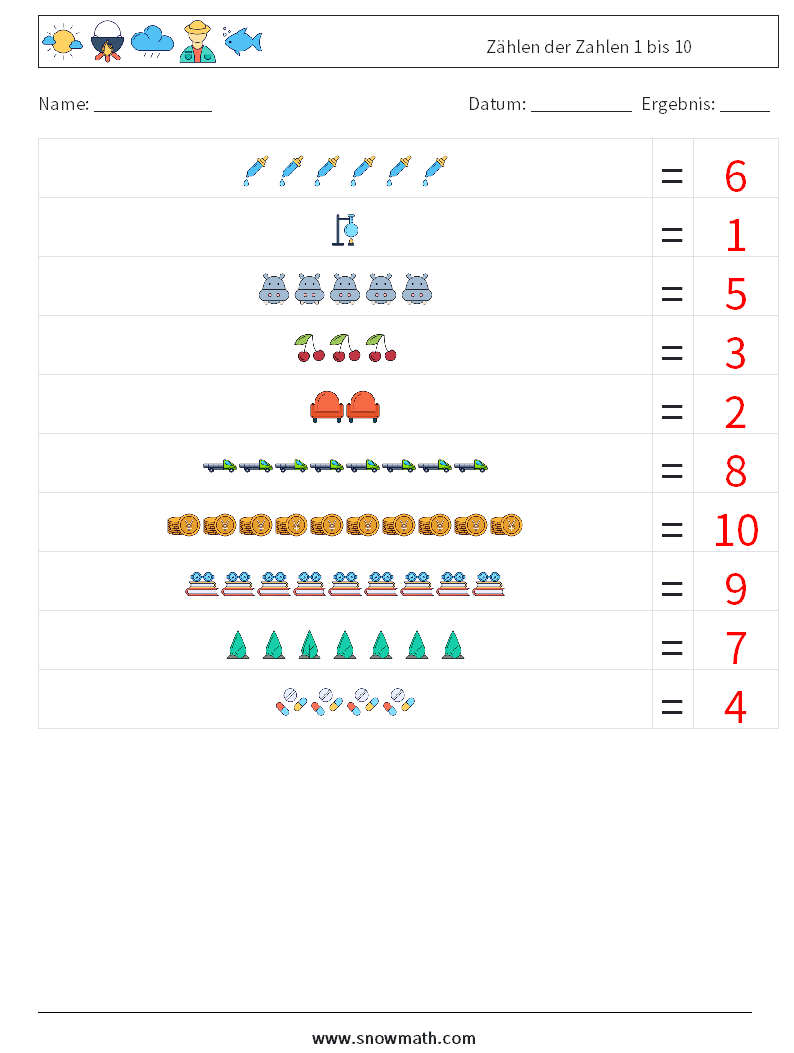 Zählen der Zahlen 1 bis 10 Mathe-Arbeitsblätter 16 Frage, Antwort