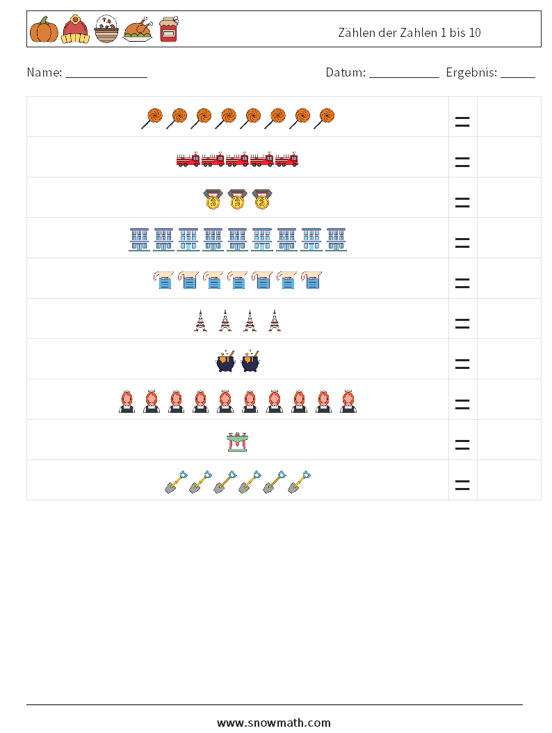 Zählen der Zahlen 1 bis 10 Mathe-Arbeitsblätter 17