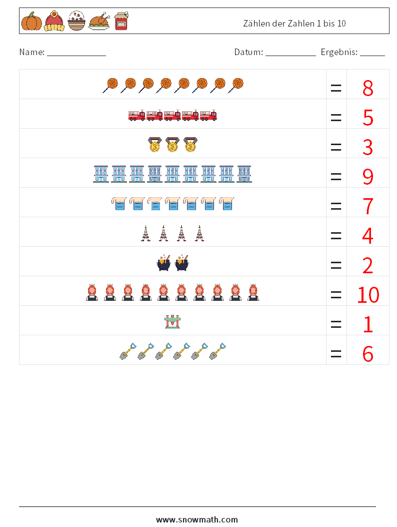 Zählen der Zahlen 1 bis 10 Mathe-Arbeitsblätter 17 Frage, Antwort