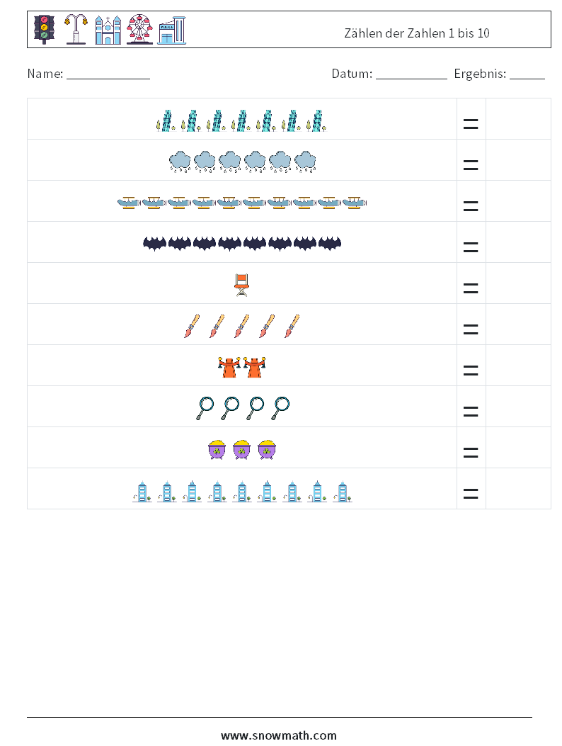 Zählen der Zahlen 1 bis 10 Mathe-Arbeitsblätter 18
