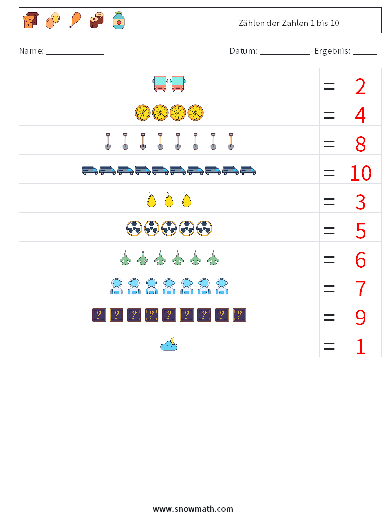 Zählen der Zahlen 1 bis 10 Mathe-Arbeitsblätter 1 Frage, Antwort
