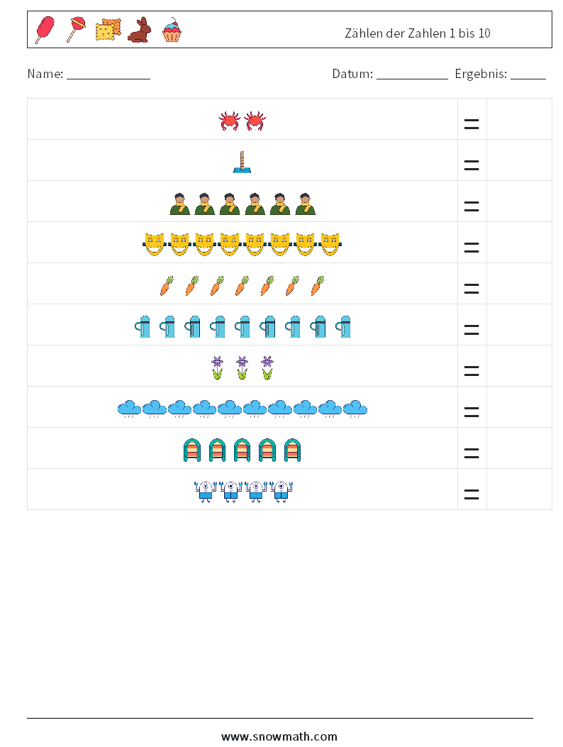Zählen der Zahlen 1 bis 10 Mathe-Arbeitsblätter 2